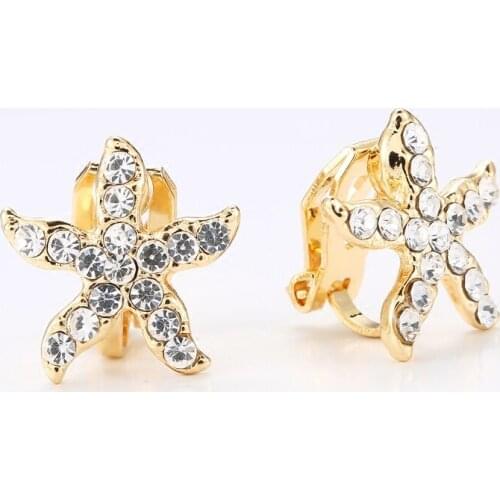 Gold Color Rhinestone Starfish Clip on Earrings Without Piercing for Women Girls Party Jewelry Cute Ear Clips