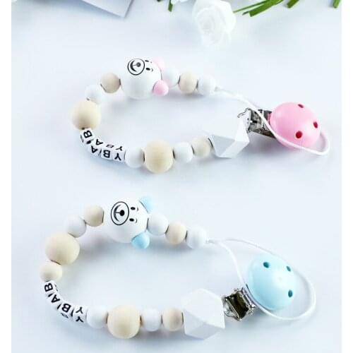 Pacifier Clip Chain Baby Infant Soothie Accessories Cartoon Wooden Beads Paci Holder Clips Teether Chew Shower Toy 0805-3