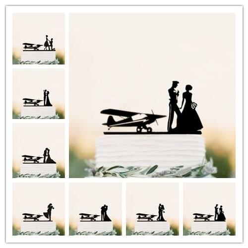 New design plane style bride and groom wedding cake topper black acrylic cake topper cake decorating wedding decoration