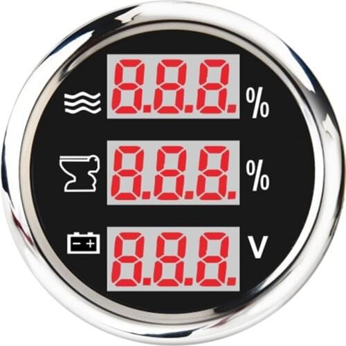Universal 52mm 3 in 1 Multi-Function Digital Gauge Water Level Waste Holding Tank Indicator Voltmeter with Alarm
