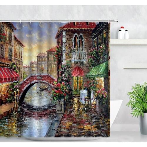 Rural Town Shower Curtains Street View Flowers Arch Bridge Running Water Oil Painting Art Waterproof Bathroom Decor Curtain Sets