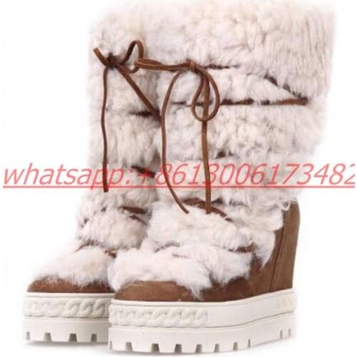 Winter warm pure lamb hair double sole inner heel lace up snow boots woman inner heel platform lace up snow boots