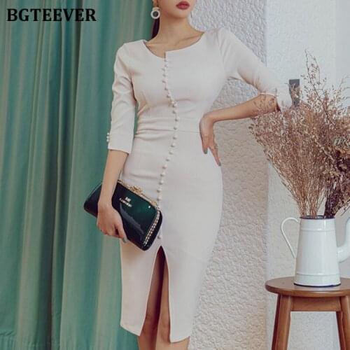 BGTEEVER O-neck Single-breasted Women Package Hip Midi Dress Elegant OL Style Front Split Female Pencil Vestidos 2021 Spring New