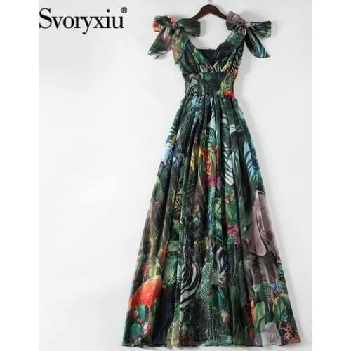 Svoryxiu Runway Womens Summer Plus Size Long Dresses Elastic Waist Deep V-Neck Forest Animal Print Chiffon Holiday Maxi Dresses