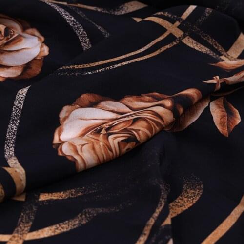 138CM Wide 12MM Champage Rose Print Black Silk Crepe de Chine Fabric for Summer Dress Jacket Pants B256