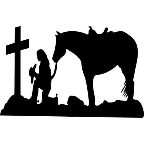 18.8cm*12cm Cowgirl Kneeling At Cross With Horse Car-Styling Car Stickers Decals Vinyl Black/Silver S6-2773