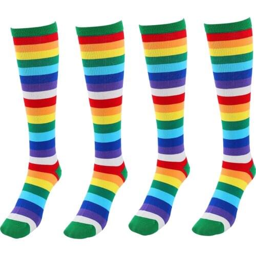 2 Pairs Korean Style Womens Cotton Knee High Stockings Non Slip Colorful Rainbow Stripes Over the Calf Socks Costume Accessories