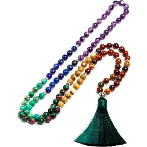 7 Chakra Mala 108 Beads Natural Stone Long Tassel Necklace Women Meditation Necklace Knotted Bead Yoga Necklaces Jewelry