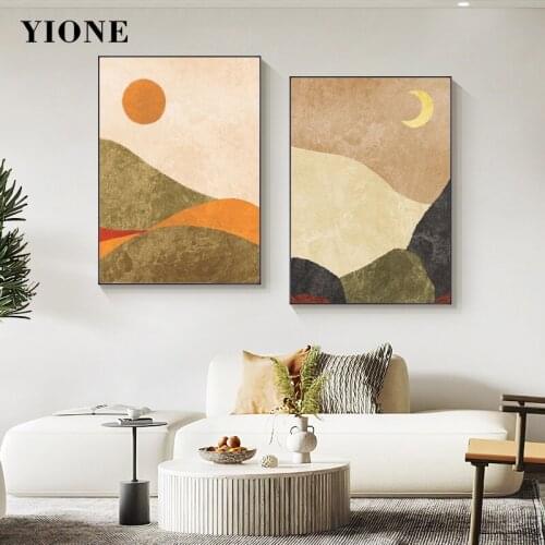 Abstract Nordic Brown Green Mountain Canvas Art Posters and Prints Landscape Sun Moon Paintings Wall Pictures for Living Room
