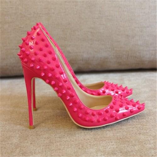 Free shipping fashion women Pumps Fuchsia studded spikes rivets Pointy toe high heels shoes size33-43 12cm 10cm 8cm party shoes