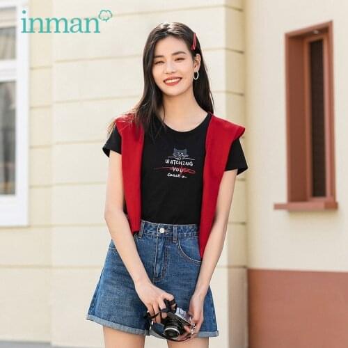INMAN Funny Pattern T-Shirt Paillette Cute Cat Embroidery O-Neck Girl Causal Minimal Design Tops