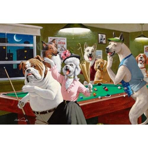 Modern Animal Canvas Oil Painting Dogs Playing Pool Home Decorative Art for Hotel Pub Hand Painted High Quality