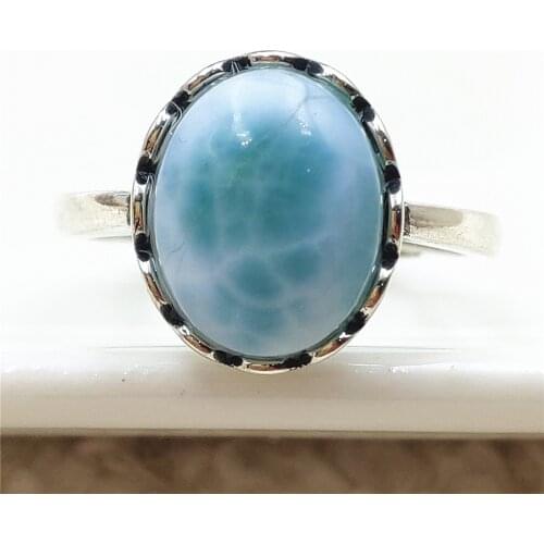 Natural Larimar Blue Gemstone 12x10mm Adjustable Ring Dominia Water Pattern Oval 925 Sterling Silver AAAAAA
