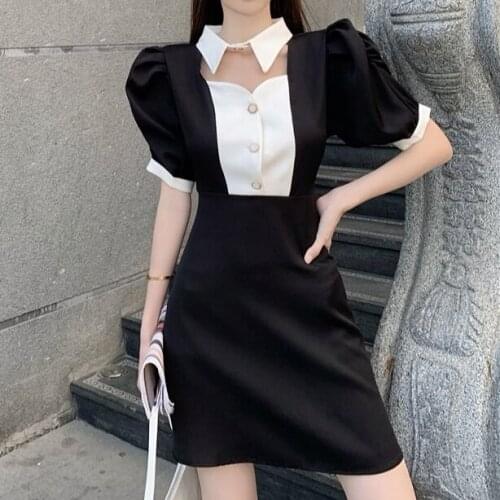 Contrast bubble sleeves stand collar dress Female high-end French temperament loose slim skirt 2021 summer new style