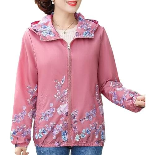 Spring Autumn Women Coat Summer Sun Protection Clothing Middle-Aged Elderly Mother Hooded Print Coats Tops Sun Protection Suit