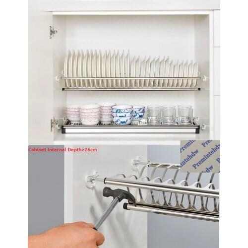 Easy Installation 73-98cm 2-Tier Stainless Steel Cabinet Cupboard Inside Dish Plate Drying Rack Plate Storage Organizer