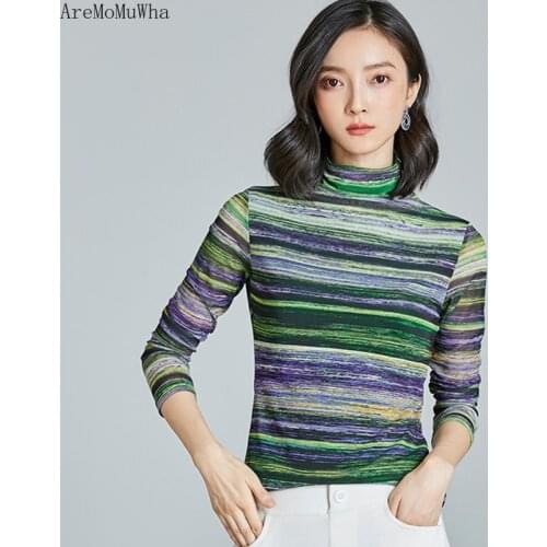 AreMoMuWha Mesh Bottoming Shirt Female Long-sleeved Striped Shirt 2019 Spring New Slim Slimming Wild High-neck Shirt Women MH260