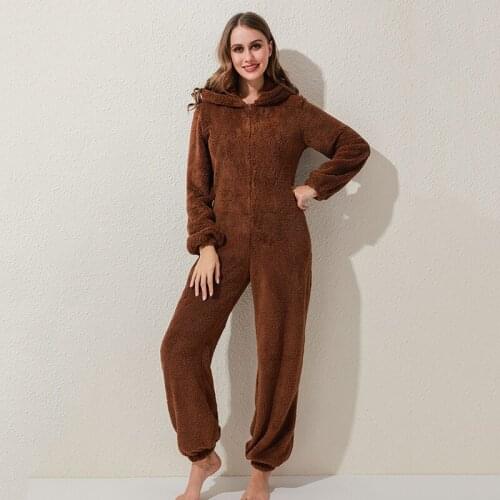 Women Fashion Long Sleeve Hooded Faux Fur Jumpsuit Pajamas Casual Winter Warm Solid Cute Bear Rompers Ladies Home Wear Overrall