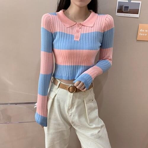 Autumn Spring Women Striped Sweater Jumpers Turn-down Collar Cropped Sweater Pullover Crop Top For Female