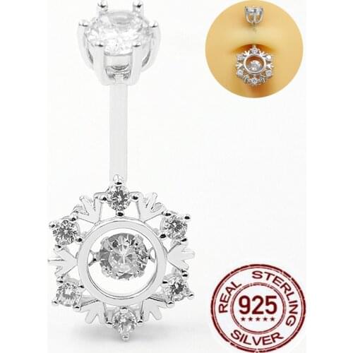 925 Sterling Silver Belly Button Rings for Women Girls Snowflake shape CZ Navel Barbell Rings Body Piercing Jewelry