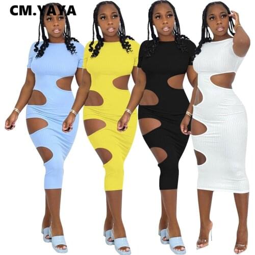 CM.YAYA Women Cut Out Hole Midi Bodycon Dress Sexy Hollow Out Short Sleeve Bandage Summer Beach Pencil Dresses