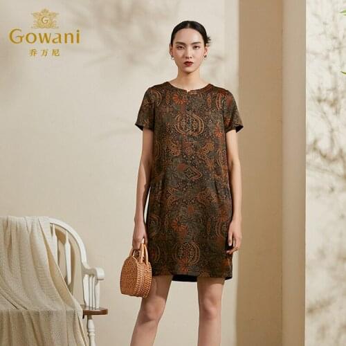 Gowani 100% Silk Vintage Elegant Loose Women Summer Dresses Printed Pattern Button Up Crew Neck Ladies Dress