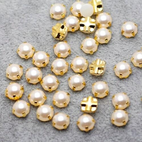 7mm 100pcs/lot Golden Plating pearl Color Rhinestone Beads, Sew On Rhinestones for Garment Jewelry Sew on Pearls With 4 Holes