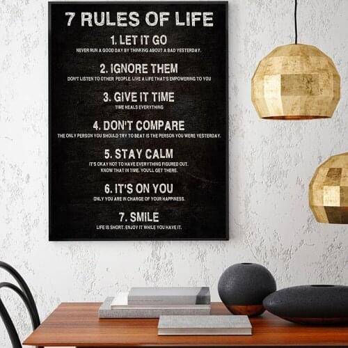 7 Rules of Life Inspirational Printmaking Inspiration Wall Art Black and White Poster Canvas Painting Office Sign Home Decor