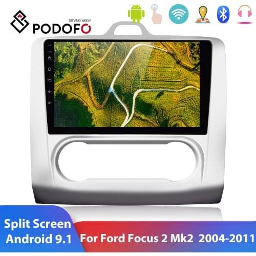 Podofo Android 9.1 Car Radio Car Multimedia player 9'' GPS WIFI Split Screen 2 Din Audio Player For Ford Focus 2 Mk2 2004-2011