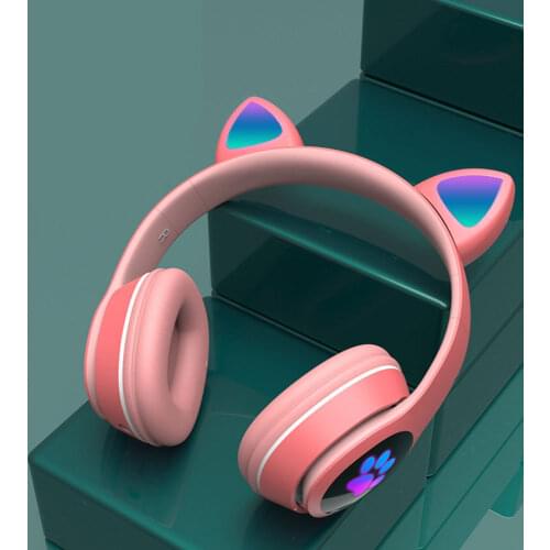 Wireless Cat Ear Bluetooth 5.0 Headset 3.55 Audio Port Headphone Tf Card Fm Pink Light Rechargeable Lolita Y2K Headset Earphone