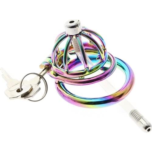 Stop Masturbation Rainbow Cock Cage with Urethral Catheter Erotic Chastity Belt Device Exquisite Penis Ring Lock Sex Toy For Men