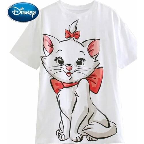 Disney Fashion Marie Cat Cartoon Print T-Shirt Cute Women Harajuku Short Sleeve Female Casual O-Neck White Tee Tops Streetwear