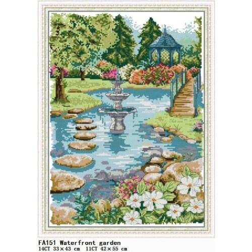 Joy Sunday Stamped Cross Stitch Waterfront Garden Embroidery Needlework Kit Pattern Thread 11CT 14CT Printed DIY Decor Craft Set