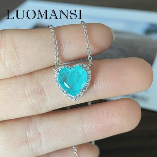 Luomansi New Heart Shaped Tourmaline Necklace 100% S925 Sterling Silver Gem Pendant Jewelry for Womens Party Anniversary