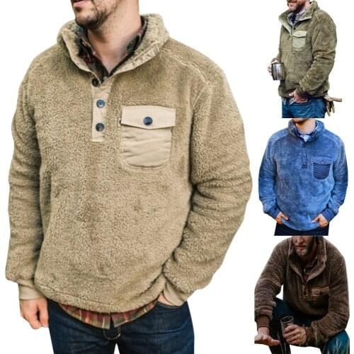 Man Sweatshirts Fleece Fur Pullover Men Long Sleeve Buttons Jumper Solid Color Winter Warm Mens Sweatshirt