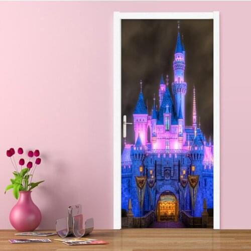 Childrens Bedroom Door Sticker 3D Lighting Nightscape Fairy Tale Castle Mural Wallpaper Christmas Home Door Poster PVC Stickers