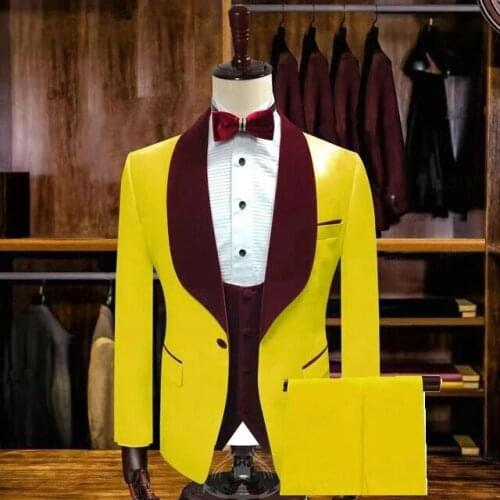 New Fashion Yellow Shalwl Lapel Tuxedos Men Suits Costume Homme Grooms Wedding Tuxedos Terno Masculino Slim Fit Prom Blazer 3 Pc