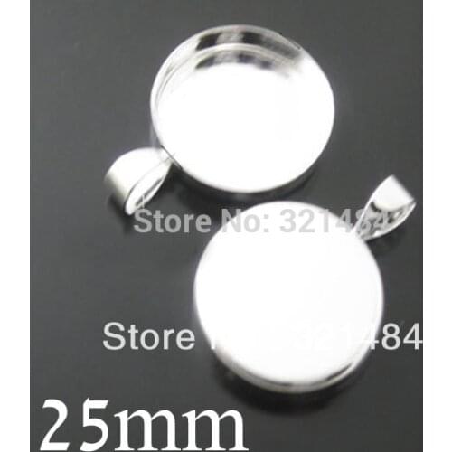 Bulk 200pc silver plated bezel pendant blank pendant tray 25mm cameo base cabochon setting jewelry making supplies