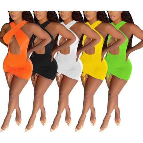 Hirigin New Fashion Women Sexy Wrap Dress Deep V Neck Sleeveless Halter Neck Solid Color Hollow Out Swimwear Jumpsuit for Ladies