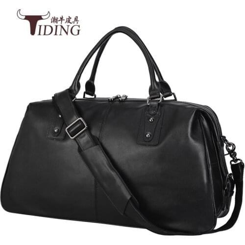 20" Travel Casual Totes Big Bags Man Black Genuine Leather Fitness Large Capacity Bags Shoulder Hand Casual Fashion Bag Male