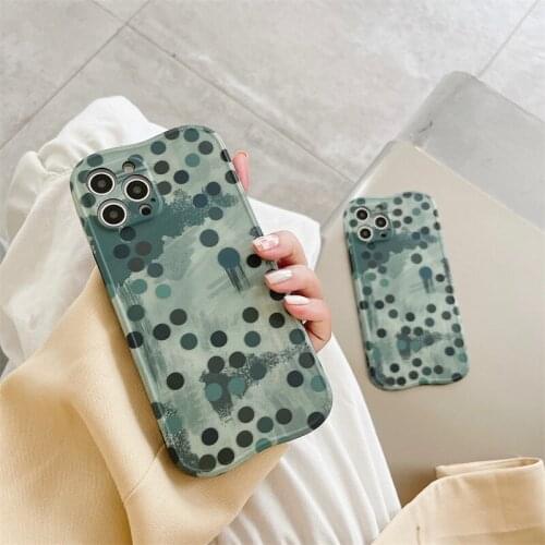 Retro Shockproof Silicone Phone Case For iPhone 12 11 Pro Xs Max X Xr 7 8 Plus SE Lens Protection Case green Dot art Back Cover
