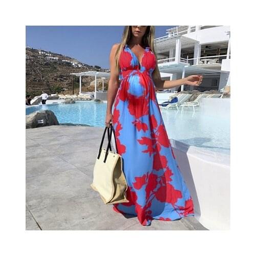 V-Neck Bohemia Pregnancy Dresses Print Summer High Waist Maternity Long Skirt Dress for Women Maternity Clothes