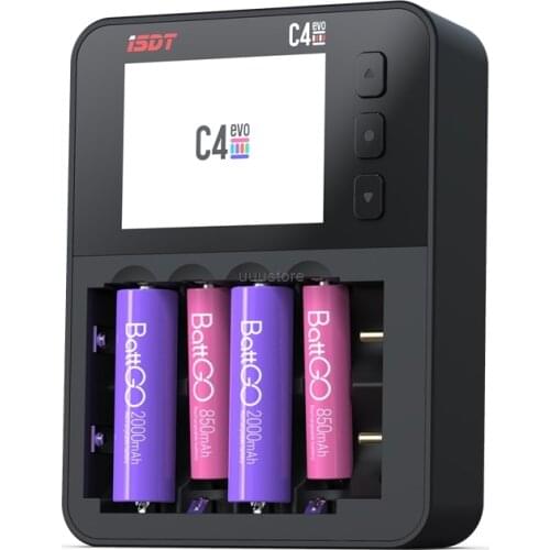 ISDT C4 EVO Smart Battery Charger with Type-C QC3.0 Output for AA AAA Li-ion Battery with IPS Display Screen and Fire Prevention