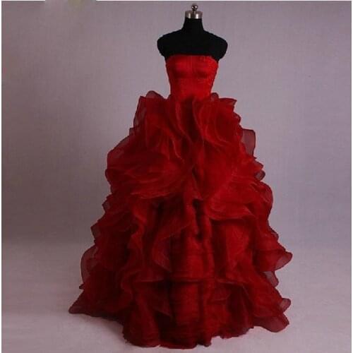 Actual Images Noble Red White Cascading Ruffles Strapless Optional Spaghetti Straps Lace Ball Gown Wedding Dresses Organza SV01