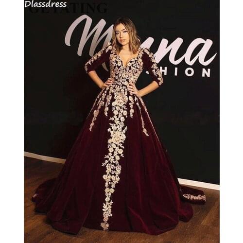 Wine Red Evening Dress Satin Applique Luxury Sweep Train Long Sleeves For Winter Party V-neck Prom Dress robe de soirée