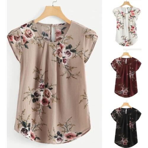 Floral Printing Pleated Women Shirts Tunic Casual Round Neck Basic Blouses Top Short Sleeve Casual Shirt Vintage Clothes Рубашка
