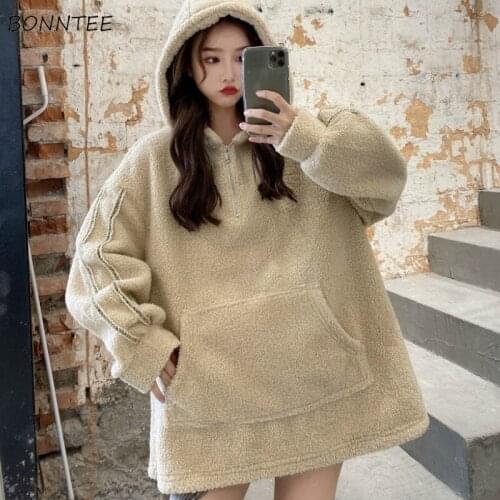 Women Hoodies Sweatshirts Solid Front Pocket Long Sleeve Comfortable Ladies Thicker Plus Velvet All-match Simple Trendy Ulzzang
