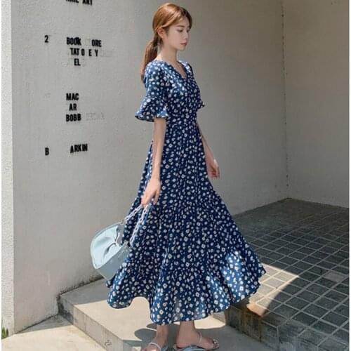 Blue Long Womens Dress 2021 New Summer Was Thin V-Neck Ruffled Temperament Dresses Floral Chiffon Ladies Faldas Petal Sleeves