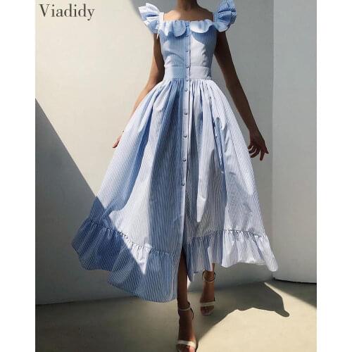 Striped Square Neck Flutter Sleeve Sweet Dress Women Ruffles Maxi Dress