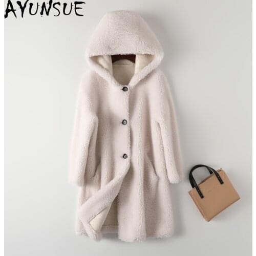 AYUNSUE 2020 Winter Coat Women Hooded Real Fur Coat Female Long Sheep Shearling Wool Fur Jacket Roupa Feminina Inverno KJ5023